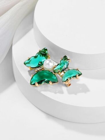 دبابيس بروش على شكل فراشة بلون اخضر كريستالي مرصع بحجر الراين واللؤلؤ للنساء والبنات، هدية مجوهرات عصرية معدنية، بدون احجار كريمة, معدن, بدون أحجار كريمة in Kuwait