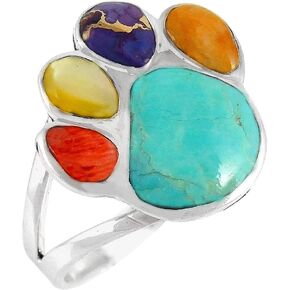Dog Paw Sterling Silver 925 Ring with Genuine Turquoise