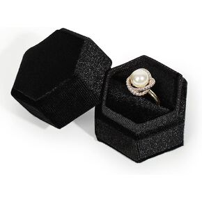 Hexagon Velvet Ring Box Single Ring Display Holder Elegant Jewelry Storage Box Gift for Proposal Engagement Anniversary Birthday Ceremony (black)