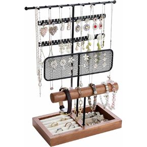 YUDI Jewelry Holder Organizer,3 Tier Tower Rack with Wooden Tray,Jewelry Organizer Stand for Bangles, Necklaces, Rings, Earrings and Watch in Saudi Arabia