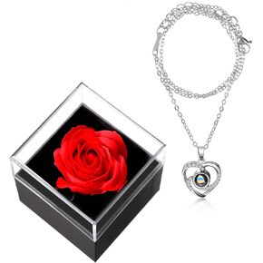 I Love You Necklace 100 Languages Projection Heart Pendant with Red Rose Jewelry Storage Box for Women Girls Anniversary Mother's Day Wedding Romantic Gifts for Her