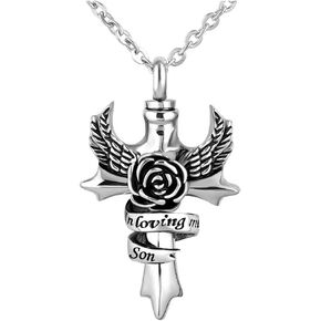 NanMuc Cross Cremation Angel Wings Urn Necklace for Ashes in Loving Memory Grandma/Mom/Dad Memorial Keepsake Pendant