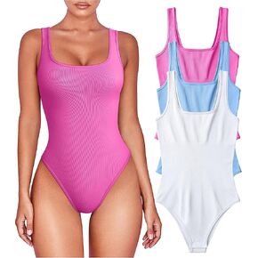 TOB Women's 3 Piece Bodysuits Sexy Ribbed Sleeveless Square Neck Shapewear Bodysuits