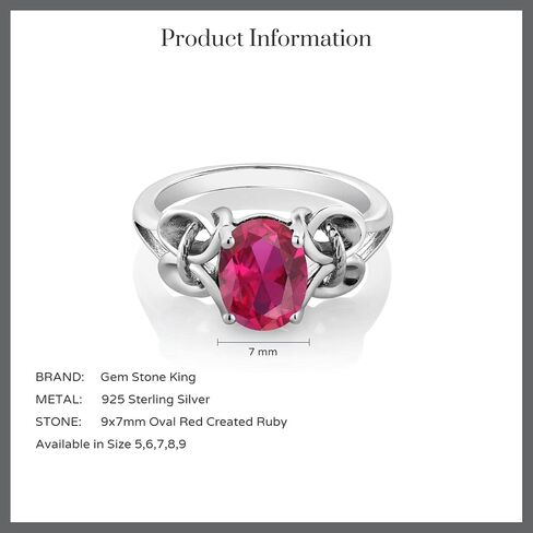 Gem Stone King 925 Sterling Silver Red Created Ruby Women's Ring (2.00 Cttw, 9X7MM Oval, Available In Size 5,6,7,8,9) in Saudi Arabia