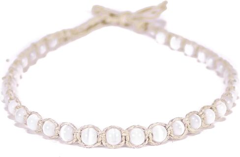 BlueRica Braided Hemp Cord Choker Necklace with Cat's Eye Beads (White) in Kuwait