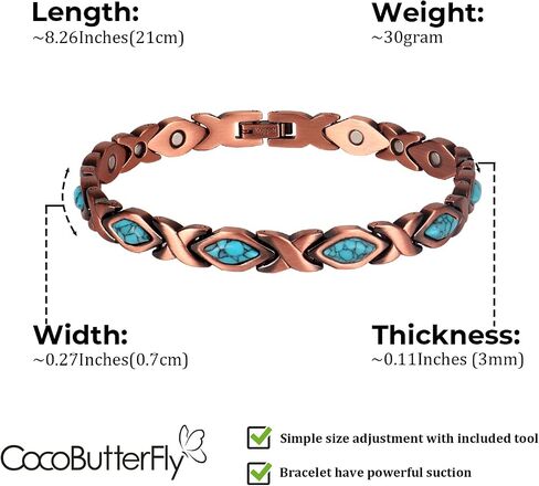 CocoButterFly - turquoise Pure Copper Bracelet - Women's Magnetic Copper Bracelet - With Size Tool Adjustable Length (Blue Turquoise) in Saudi Arabia