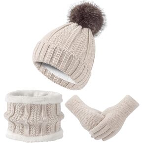 Women Winter Hat Gloves Scarf Set Beanie Warm Fleece Scarves Touchscreen Glove 3 in 1