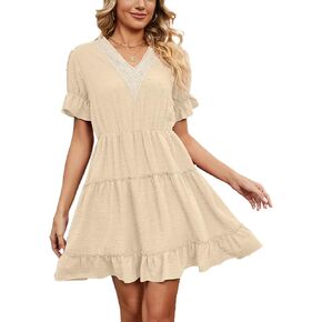 Womens Summer Mini Dress Chiffon Cutout Ruffle V-Neck Puff Sleeve Dresses Swiss Dot Boho Sundresses in Saudi Arabia