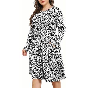 POSESHE Women's Plus Size Dresses Long Sleeves Crew Neck Casual Dresses Empire Waist Loose Flowy Dress with Pockets