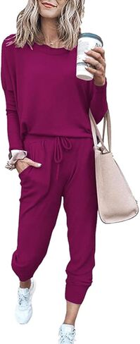 Paintcolors Women's 2 Piece Outfit Long Sleeve Crewneck Tracksuit Solid Color Sweatsuit Lounge Matching Set with Pockets in Kuwait