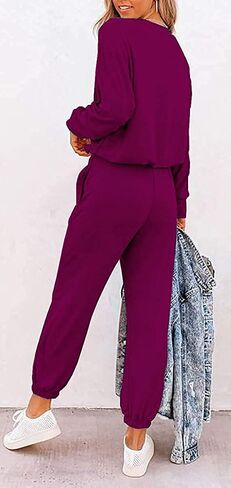 Paintcolors Women's 2 Piece Outfit Long Sleeve Crewneck Tracksuit Solid Color Sweatsuit Lounge Matching Set with Pockets in Kuwait