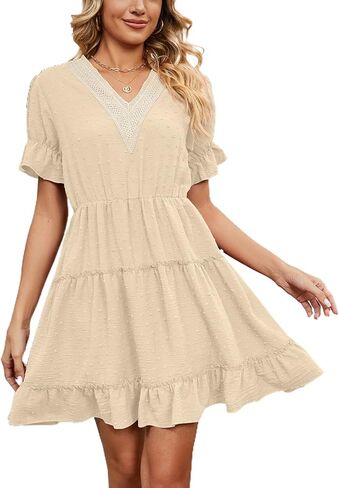 Womens Summer Mini Dress Chiffon Cutout Ruffle V-Neck Puff Sleeve Dresses Swiss Dot Boho Sundresses in Kuwait