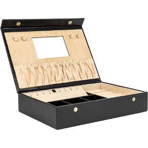 Time Resistance Leather Jewelry Box - Black Full Grain Leather Jewellery Organizer - Accessories Storage Box for Women - Genuine Leather Jewelry Case