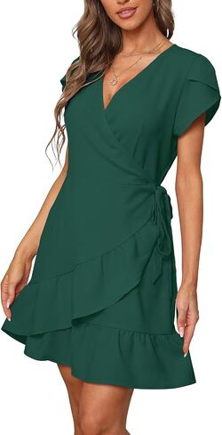 SAMPEEL Summer V Neck Wrap Petal Sleeve Short Dress with Belt for Women in Kuwait