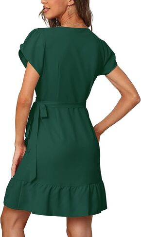 SAMPEEL Summer V Neck Wrap Petal Sleeve Short Dress with Belt for Women in Kuwait