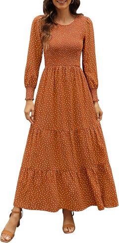 فستان نسائي طويل برقبة دائرية وأكمام منتفخة من Kranda in Kuwait