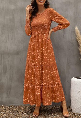 فستان نسائي طويل برقبة دائرية وأكمام منتفخة من Kranda in Kuwait