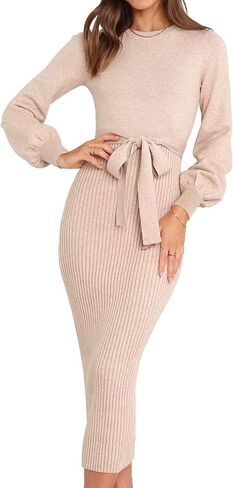 HAEOF Womens 2023 Fall & Winter Sweater Dress Elegant Ribbed Knit Crewneck Long Puff Sleeve Bodycon Midi Dress with Belt in Kuwait