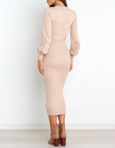 HAEOF Womens 2023 Fall & Winter Sweater Dress Elegant Ribbed Knit Crewneck Long Puff Sleeve Bodycon Midi Dress with Belt in Kuwait