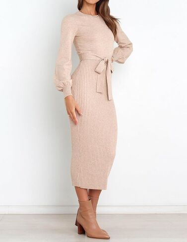 HAEOF Womens 2023 Fall & Winter Sweater Dress Elegant Ribbed Knit Crewneck Long Puff Sleeve Bodycon Midi Dress with Belt in Kuwait