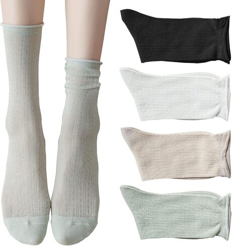ZRYLIBYA Women Cute Roll Top Turn Cuff Slouch Socks Hollow Out Crochet Solid Casual Crew Socks 4 Pairs in Kuwait