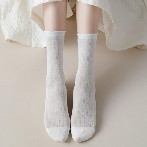 ZRYLIBYA Women Cute Roll Top Turn Cuff Slouch Socks Hollow Out Crochet Solid Casual Crew Socks 4 Pairs in Kuwait