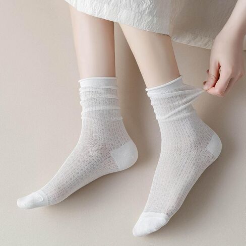 ZRYLIBYA Women Cute Roll Top Turn Cuff Slouch Socks Hollow Out Crochet Solid Casual Crew Socks 4 Pairs in Kuwait