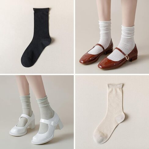 ZRYLIBYA Women Cute Roll Top Turn Cuff Slouch Socks Hollow Out Crochet Solid Casual Crew Socks 4 Pairs in Kuwait