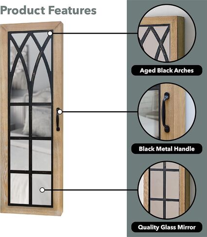 فيرستايم اند كو خزانة مجوهرات بتصميم قوس بني ريفي، منظم قلادات لتخزين غرفة النوم، مراة بطول كامل للحائط، خشب، بيت المزرعة، 43 × 14 انش in Kuwait