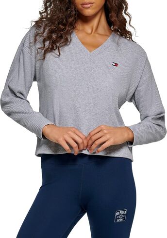 Tommy Hilfiger Women's Brushed Rib Fabric Embroidered Flag Logo Pullover V-Neck Long Sleeve in Saudi Arabia