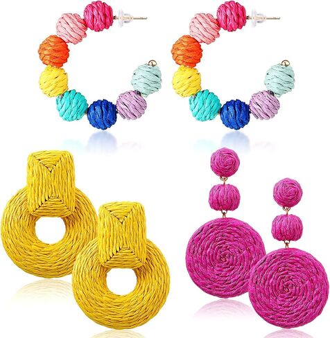 3 Pairs Raffia Earrings for Women Colorful Rattan Hoop Dangle Earrings Boho Rainbow Beaded Drop Earrings Handmade Straw Wicker Statement Earrings Summer Beach Vacation Jewelry Gifts for Girls in Saudi Arabia