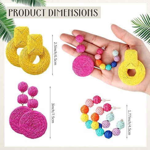 3 Pairs Raffia Earrings for Women Colorful Rattan Hoop Dangle Earrings Boho Rainbow Beaded Drop Earrings Handmade Straw Wicker Statement Earrings Summer Beach Vacation Jewelry Gifts for Girls in Saudi Arabia