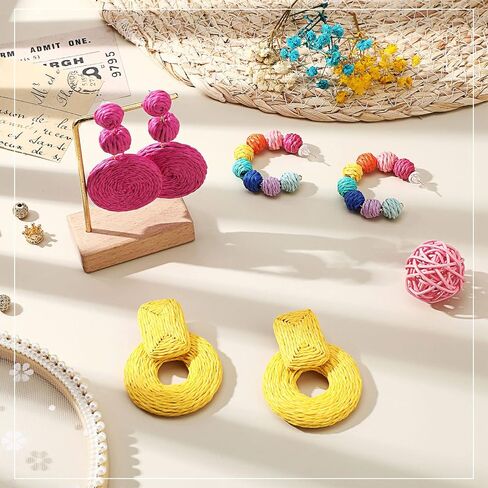 3 Pairs Raffia Earrings for Women Colorful Rattan Hoop Dangle Earrings Boho Rainbow Beaded Drop Earrings Handmade Straw Wicker Statement Earrings Summer Beach Vacation Jewelry Gifts for Girls in Saudi Arabia