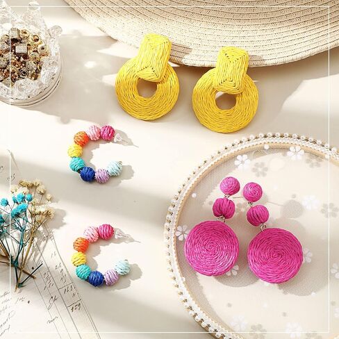 3 Pairs Raffia Earrings for Women Colorful Rattan Hoop Dangle Earrings Boho Rainbow Beaded Drop Earrings Handmade Straw Wicker Statement Earrings Summer Beach Vacation Jewelry Gifts for Girls in Saudi Arabia