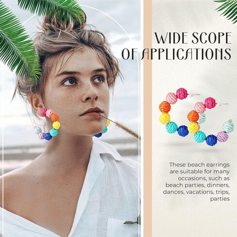 3 Pairs Raffia Earrings for Women Colorful Rattan Hoop Dangle Earrings Boho Rainbow Beaded Drop Earrings Handmade Straw Wicker Statement Earrings Summer Beach Vacation Jewelry Gifts for Girls in Saudi Arabia