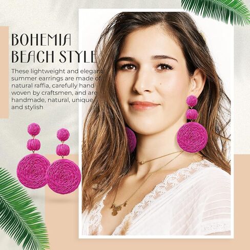 3 Pairs Raffia Earrings for Women Colorful Rattan Hoop Dangle Earrings Boho Rainbow Beaded Drop Earrings Handmade Straw Wicker Statement Earrings Summer Beach Vacation Jewelry Gifts for Girls in Saudi Arabia