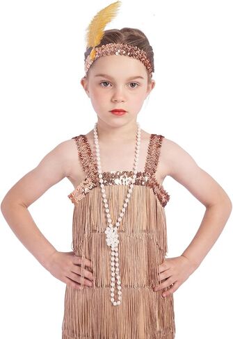 Sincere Party Roaring the 20s Flapper Costume Dress with Pearl Necklace,Feather Headband for Girls in Kuwait