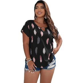 Floerns Women's Plus Size Casual Keyhole Neck Short Sleeve Printed Blouse Top