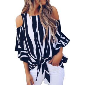 Chuanqi Womens Cold Shoulder Blouse Bell Sleeve Tie Knot Casual Summer Shirt Tops