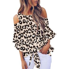 Chuanqi Womens Cold Shoulder Blouse Bell Sleeve Tie Knot Casual Summer Shirt Tops