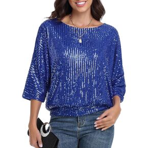 PrettyGuide Women's Sparkle Sequin Top Cut Out 3/4 Batwing Sleeve Loose Shimmer Glitter Party Dressy Tops in Saudi Arabia
