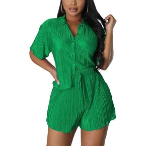 CALEBGAR Women's Casual 2 Piece Pleated Set Short Sleeve Button Down Shirt High Waist Shorts Outfits Suit