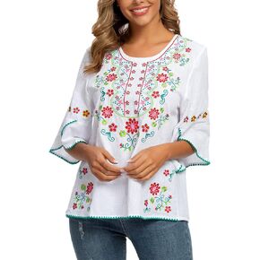 YZXDORWJ Womens Girls Embroidered Peasant Tops Mexican Bohemian Blouses