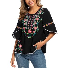 YZXDORWJ Womens Girls Embroidered Peasant Tops Mexican Bohemian Blouses