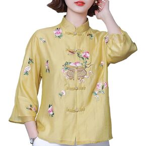 Women Chinese Floral Embroidery Shirt 3/4 Sleeve Frog Button Mandarin Collar Ethnic Cotton Linen Blouse Top in Saudi Arabia