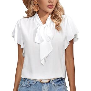 Rooscier Women's Bow Tie Neck Ruffle Short Sleeve Vintage Retro Work Blouse Top