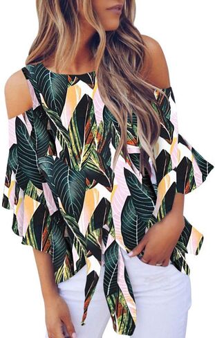 Chuanqi Womens Cold Shoulder Blouse Bell Sleeve Tie Knot Casual Summer Shirt Tops in Saudi Arabia