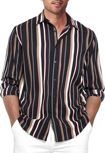 قمصان SPIEZ الرجالية المخططة كاجوال بأكمام طويلة وأزرار سفلية فستان العطلة الكلاسيكي مقاس عادي in Kuwait