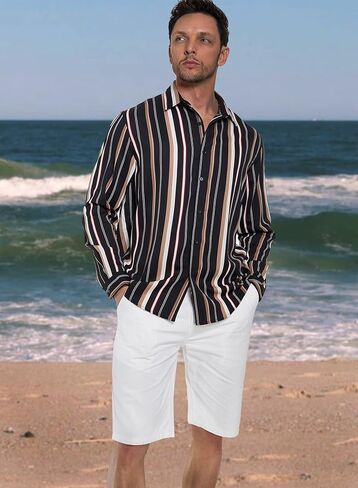 قمصان SPIEZ الرجالية المخططة كاجوال بأكمام طويلة وأزرار سفلية فستان العطلة الكلاسيكي مقاس عادي in Kuwait