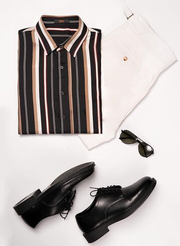 قمصان SPIEZ الرجالية المخططة كاجوال بأكمام طويلة وأزرار سفلية فستان العطلة الكلاسيكي مقاس عادي in Kuwait